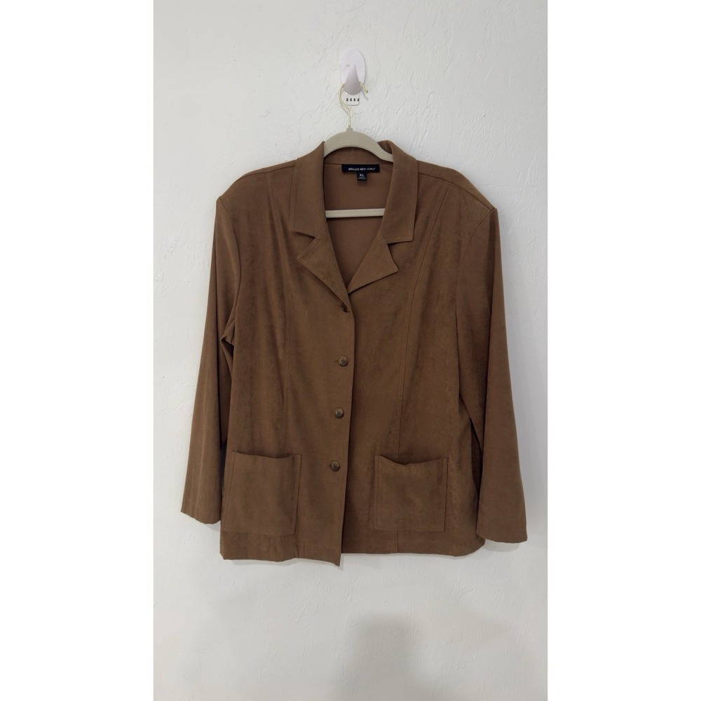 Briggs New York Women XL Brown Faux Suede Blazer Jacket Button Front Pocket - Picture 2 of 9